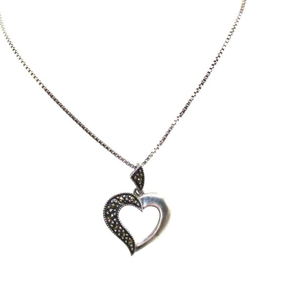 Vintage Sterling Silver Marcasite Heart Pendant Necklace, 925 SU Half Jeweled - Picture 1 of 5